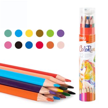 Kredki ołówkowe Deli zestaw 12 trójkątne kolorów w tubie + temperówka