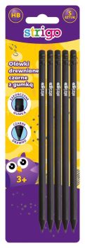 Ołówek STRIGO z czarnego drewna zakończony gumką 5 szt. 