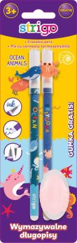 Wymazywalny długopis STRIGO ze skuwką z serii Animals, zestaw 2 szt. + gumka