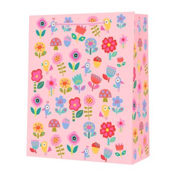 Torby prezentowe STRIGO PARTY różowa z kwiatami i ptaszkami, 26x32,5x12,5