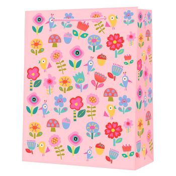 Torba prezentowa STRIGO PARTY różowa z kwiatami i ptaszkami, 32,5x44,5x12,5