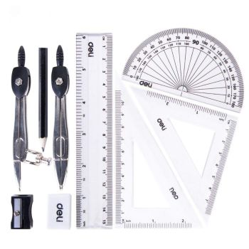 Zestaw geometryczny szkolny DELI Orbit 9 elementów cyrkiel ekierka kątomierz