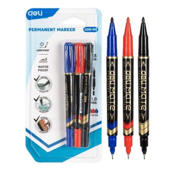 Deli Marker Permanentny 2w1 0,5/1,0 mm 3 Kolory Zestaw 3 szt.