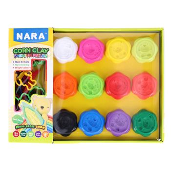 Zestaw plastelin kukurydzianych NARA 12 kolorów w kubkach + 24 foremki + wałek + 3 nożyki