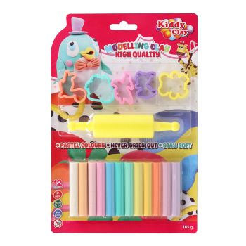 Zestaw Kiddy Clay 12 pastelowych plastelin 165g + 5 foremek + wałek