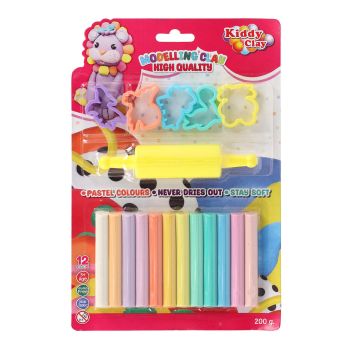 Zestaw  Kiddy Clay 12 pastelowych plastelin 200g+ 5 foremek + wałek