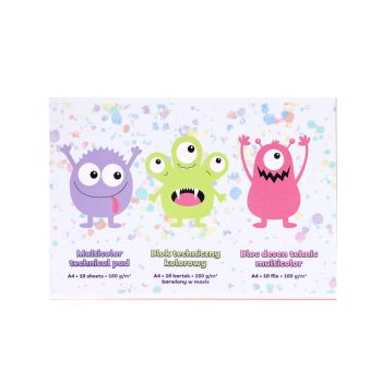 Kolorowy blok techniczny barwiony w masie STRIGO A4/10 kartek 160g Monsterki