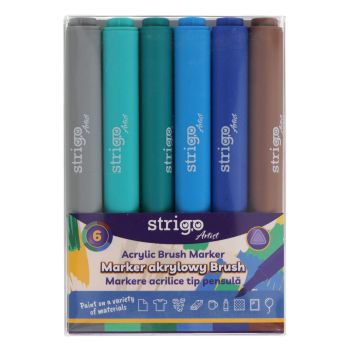 Marker akrylowy Strigo z końcówką Brush w trójkątnej obudowie w 6 kolorach zestaw 9
